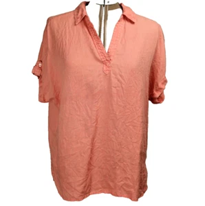 100% Linen Shirt V-Neck Short Rolled Tab Cap Sleeves Round Hem Peach S/M 46" - Picture 1 of 19