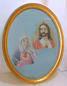 Pintado a mano en óleo Virgen María Jesús Sagrado Corazón en hoja de árbol pipal esquelético - Imagen 1 de 17