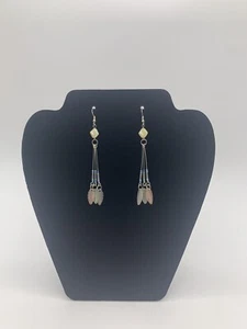 Long Silver Tone Frengy Dangle Mother-Of-Pearl & Feather Leaf Beaded Earrings - Picture 1 of 6