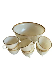 Anchor hocking Sandwich Ivory Gold Rim Embossed Floral Punch Bowl & cups (9) - Picture 1 of 15