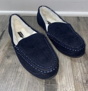Banana Republic FAUX-Suede Moccasin Slippers Faux-Fur Lined Navy Womens Size 5-6 - Picture 1 of 7