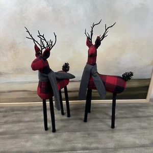 Pottery Barn Large Red Plaid Reindeer Set/2 Branch Antlers W/Scarf Holidays Flaw - Picture 1 of 12