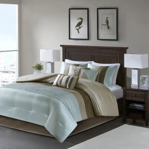 BEAUTIFUL ELEGANT LIGHT BLUE TAUPE BROWN BEIGE STRIPE COMFORTER SET & PILLOWS - Picture 1 of 2