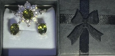 Stunning Peridot Green CZ Flower Ring Size 10 & Oval Peridot Earrings Set - Image 1 of 4