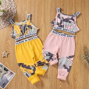 Letter Print Vest +Camouflage Pants Summer Children's Suit Girl Clothes 2-6Y - Picture 1 of 10