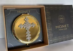 Monet Compact Double Mirror Case Rhinestone Cross Gold Tone Snap Closure NEW - Picture 1 of 3