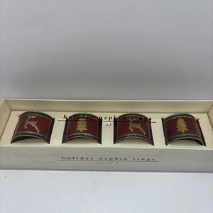 Pier 1 Urlaub Serviettenringe Messing Emaille Baum Rentier ~ 4er Set in Box - Bild 1 von 6
