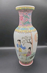 Jarrón Jingdezhen de porcelana rosa familiar chino vintage con marca de 10" de alto ~ muy buen estado  - Imagen 1 de 7