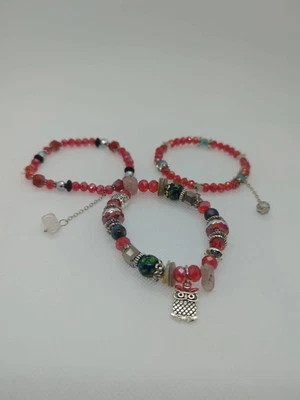 Owl Charm Red Crystal/Sea Shell Multicolor Stretch 1 Set Of 3 Bracelets Gift - Image 1 of 4