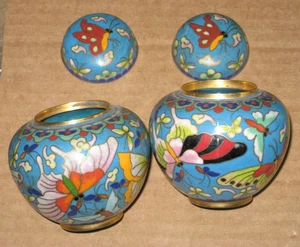 Vintage Chinese Cloisonné Enamel/Brass Butterflies Lotus Ginger Jars 3"Tx3"W - Picture 1 of 6