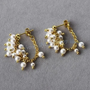 4mm White South Sea Shell Pearl Round Beads Cluster Dangle Gold Stud Earrings - Picture 1 of 6