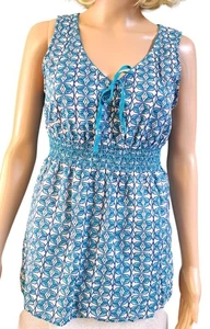 Eddie Bauer Blue Teal Geometric Sleeveless V Neck Blouse Top Women Size Medium - Picture 1 of 7