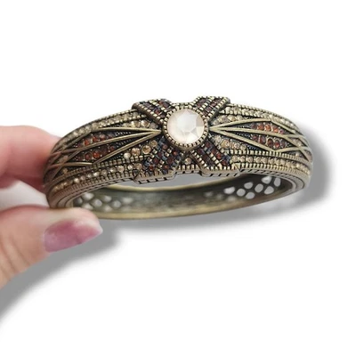 Heidi Daus Bangle Bracelet Hinge Old Gold Bronze White Crystal Age Of elegance  - Image 1 of 4