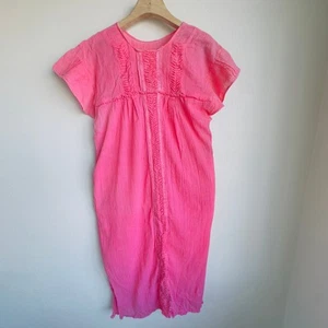 Vintage Pink Sundress Gauze Boho Smocked Cotton Embroidered Peasant Tunic S - Picture 1 of 11