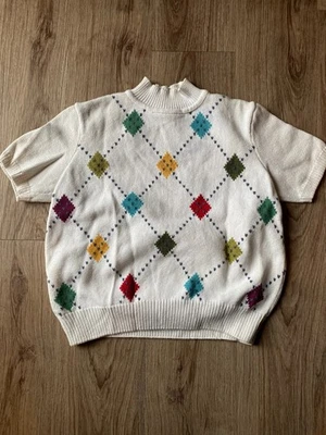 Suéter Preppy Vintage Años 80’s/90’s LizSport Argyle Multicolor Manga Corta Foto 1 de 4