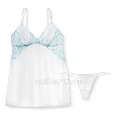NWT Gilligan & O‘Malley Women‘s Babydoll & Thong White Blue Lace SEXY lingerie - Image 1 of 2