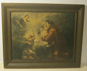 Litografía de principios del siglo XX SAN MICHAEL con ángeles ¡HERMOSO marco de madera antiguo!! - Imagen 1 de 7