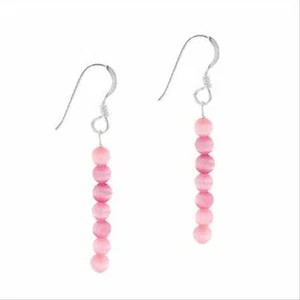 925 Silver 4mm Pink Cats Eye Beaded Dangle Earrings - Picture 1 of 1