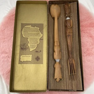 VTG Mvule Wood Carved Salad Server Set Spoon Fork Kenya Original Box 15" - Picture 1 of 4
