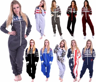 Damen 1Onesie Erwachsene Pyjama Einteiler Langarm Bedruckt Fleece Kapuze Overall - Bild 1 von 2