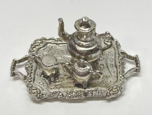 Dollhouse Miniature Tea Set Silver Tray Teapot Cream Sugar Ornate Coffee Vintage - Picture 1 of 5