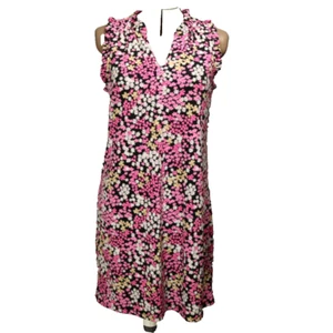 Michael Kors Floral Sleeveless Ruffled V-Neck Knee-Length Dress Pink Black M 36" - Picture 1 of 21