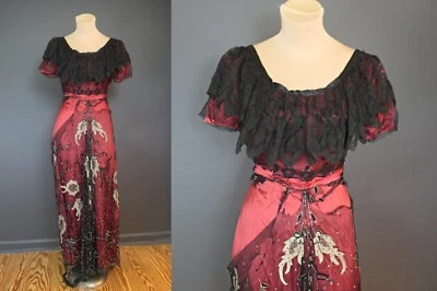 Vintage 1900s Black Beaded Lace & Dark Red Titanic Jump Dress, Silk, Marcasites - Image 1 of 4