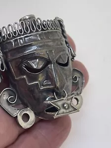 VINTAGE SILVER AZTEC MEDICINE MAN / WARRIOR PIERCED NOSE Brooch Pendant - Picture 1 of 10