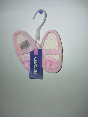 Cherokee New Born Shoes 3-6 M Pachyderm Pink Slip On Flower Accent Poka Dots NWT - Image 1 of 4