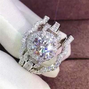 4 kt Rundschliff Moissanit Halo Trio Set Verlobungsring 14 kt Weißgold plattiert - Bild 1 von 8