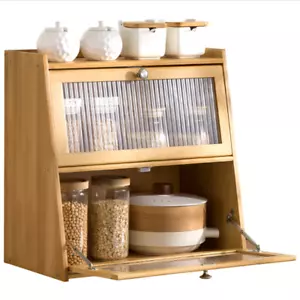 Bambus Brotbehälter Doppelschicht Aufbewahrung Schrank Organizer mit Glastür - Bild 1 von 11