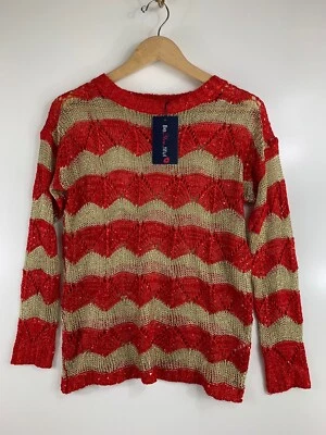 Be.you.tiful Women's Sweater Medium Red Gold Pullover Open Crochet Sequin NWT - Image 1 of 4