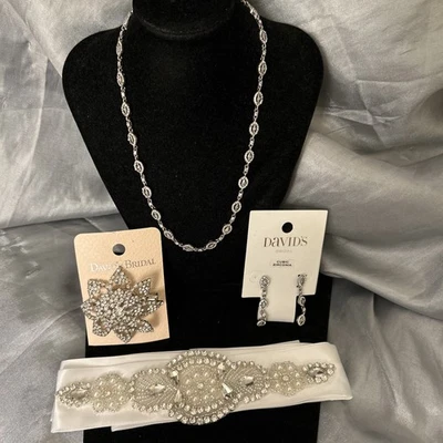 David’s Bridal Silver Cubic Zirconia  Necklace & Earring Hair Clip Ribbon Sash - Image 1 of 4