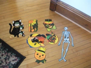 7 Vintage Halloween Pfeife gestanzt Gelenkskelett beflockt Katze geprägt - Bild 1 von 6