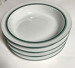 Set Of 4 Dansk Bistro Porcelain Bowls Green Stripe, Stackable Short Wide W/brim