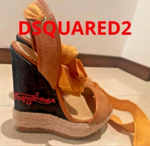 DSQUARED2 Women's Wedge Sandals Size EU 37 Yellow Leather Ribbon Tie - Picture 1 of 5
