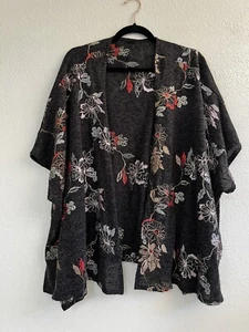Kimono Strickjacke vorne offen dunkelgrau Allover Blumenstickerei Gr. M/L - Bild 1 von 9