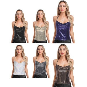 Damen Trägershirt Glam Crop Tops Urlaub Tank Wochenende Neckholder Shirt Pailletten Party Sexy - Bild 1 von 88