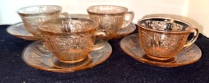 (Set of 4) Federal Glass Cabbage Rose (Sharon) Pink Depression CUPS and SAUCERS - Picture 1 of 3