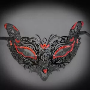 Cat Woman Masquerade Mask Black M7108 Red Rhinestones & Gems - Picture 1 of 4