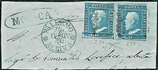 Sicilia 1859 - 2 grana azzurro vivo, due valori su framm. da 'Modica'.