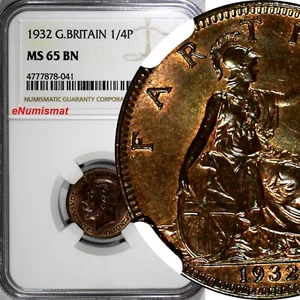 Great Britain George V (1910-1936) Bronze 1932 Farthing NGC MS65 BN KM# 825(041) - Picture 1 of 4