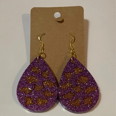 Handmade epoxy resin teardrop earrings - purple lilac glitter w/ gold cowprint - Image 1 of 4