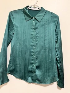 MNG - Mango Satin Green Blouse – Detailed Silk, Dressy Fit - Picture 1 of 6