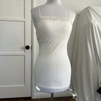 Camiseta sin mangas Express S blanca cami sujetador incorporado estante correas ajustables ribete de encaje Y2K Foto 1 de 4