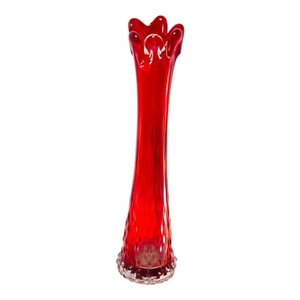 MCM Amberina Hobnail Finger Swung Art Vaso Bud Vetro 9,5” Soffiato a Mano Non Firmato - Foto 1 di 10