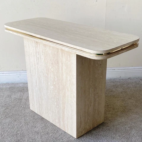 Postmodern Faux Travertine Laminate Console Table With Gold Trim Cover