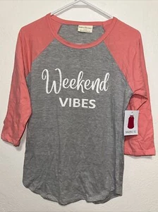 Bobbie Brooks Weekend Vibes 3/4 Sleeve Baseball Tee Gray & Coral Sz S Small NWT - Picture 1 of 12