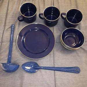 Blue Speckled Metal enamelware graniteware 13 pc Plates, Cups, Bowls, Camping RV - Picture 1 of 12