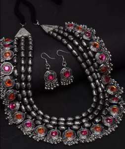 Oxidized Indian Fashion Jewelry Bollywood Style CZ Choker Necklace Earrings Set